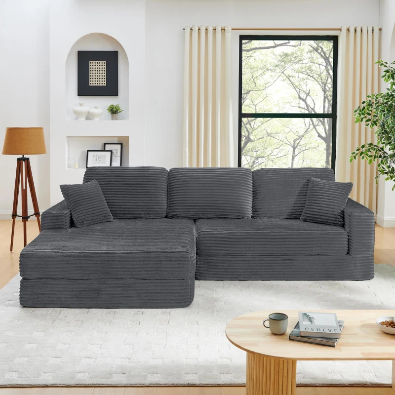 Left-Arm L-Shape Modular Sectional Sofa with Plush Foam-Filled Seats, Modular Sofa Ideal for Living Room, 112.5" L x 62.5-88" W x 28" H, Gray