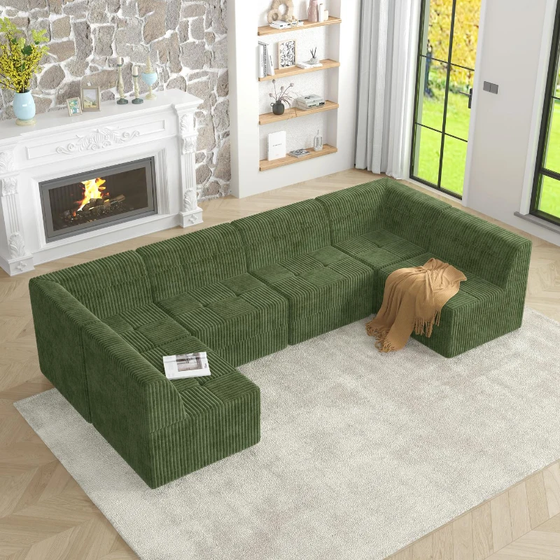 U-Shaped Modular Sofa with Spring-Supported Cushions and Wide Arms, Sectional Sofa Perfect for Living Room, 130.5" L x 65" W x 30" H, Green