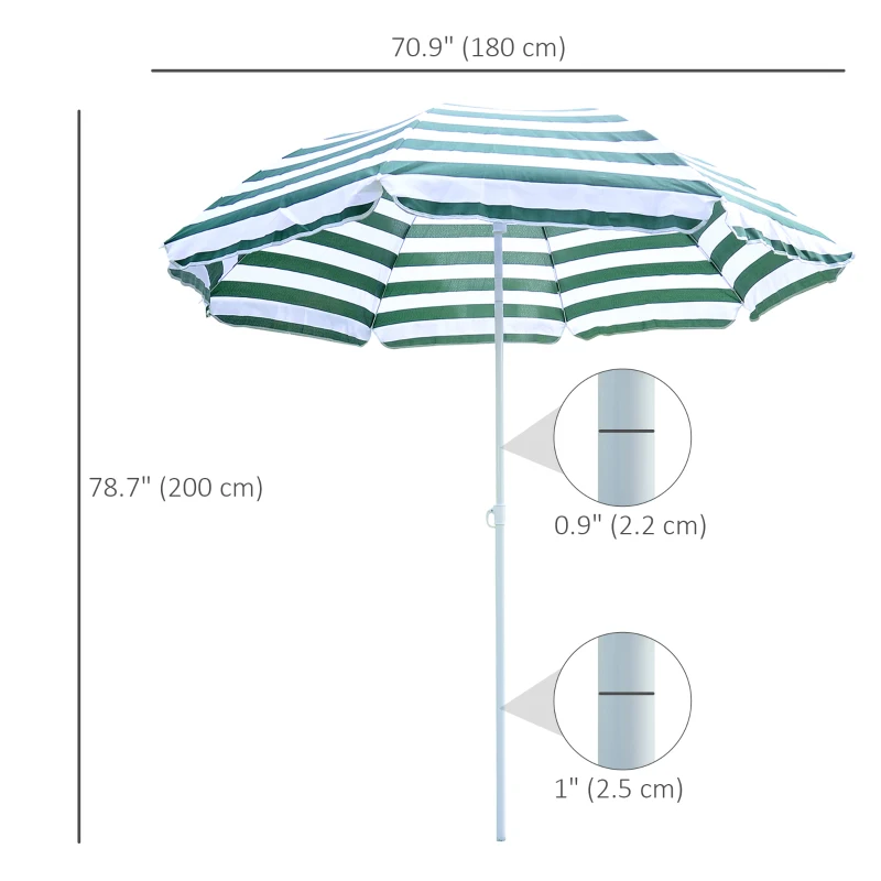 Outsunny 6FT Round Beach Umbrella with Tilt Mechanism, Outdoor UV Protection Sun Shaded Canopy with Push Button, Striped Green