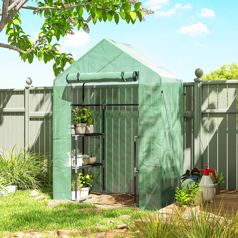 Outsunny 3-Tier Mini Greenhouse, Walk-in Greenhouse, Garden Hot House with 4 Shelves, Roll-Up Door and Weatherized Cover, 56" x 29" x 77", Dark Green