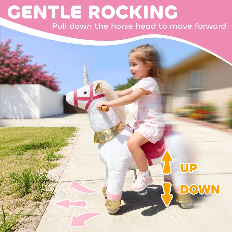 Qaba Ride on Unicorn Toy for Kids 3-5 Years, 29.5 Inch Plush Baby Rocking Horse with Wheels, No Battery Required, White