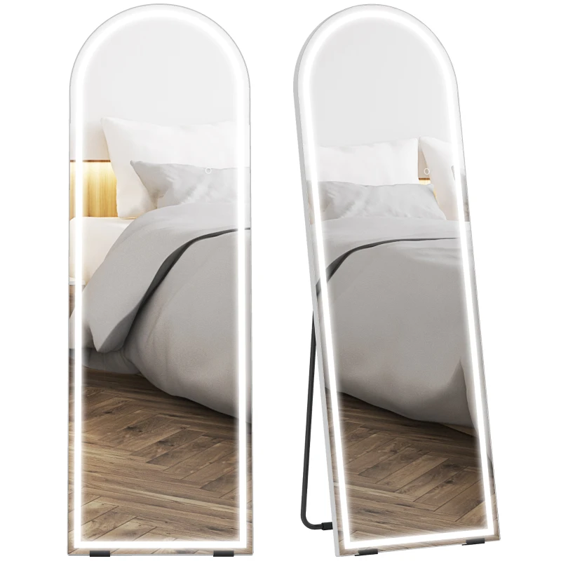 HOMCOM Free Standing Mirror with Dimmable and 3 Colour LED Lights 64" x 21" Arched Floor Mirror for Bedroom Living Room Silver