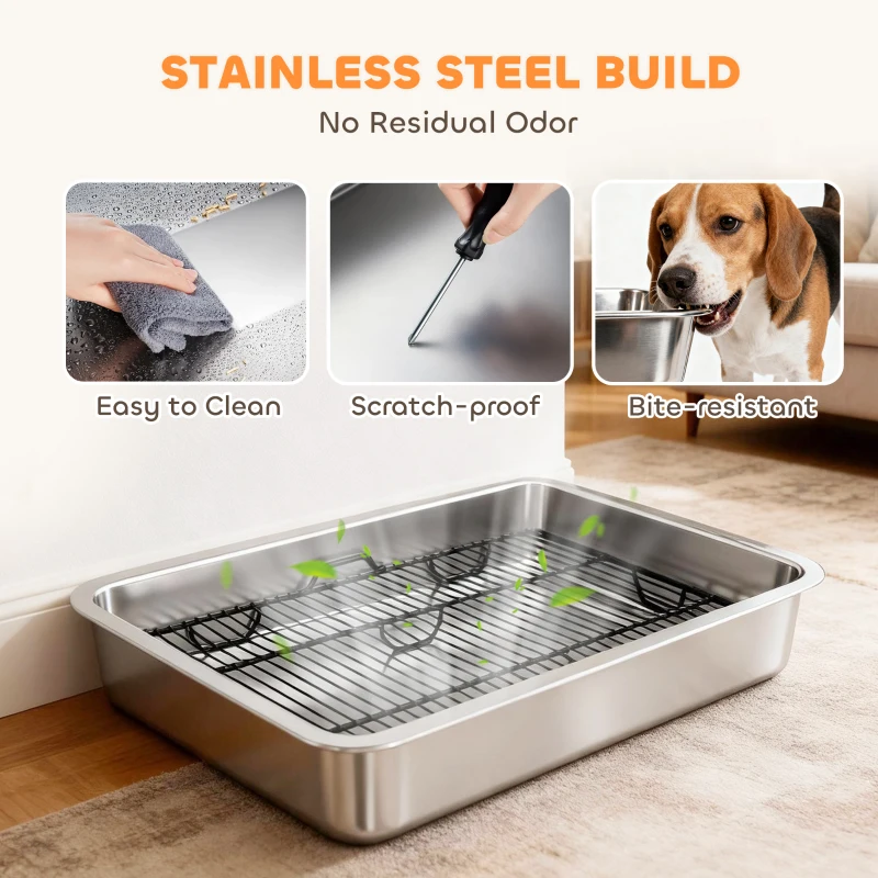 PawHut Dog Potty Tray Stainless Steel for Small and Medium Dogs, Dog Training Tray for Porch, Bathroom, Balcony, 28" x 20" x 4"