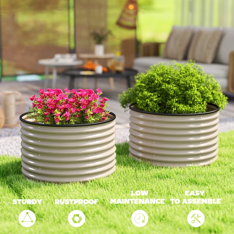 Outsunny Set of 2 Raised Garden Bed, Metal Planter Box with Safety Edging, Easy-to-assemble Stock Tank, Cream White