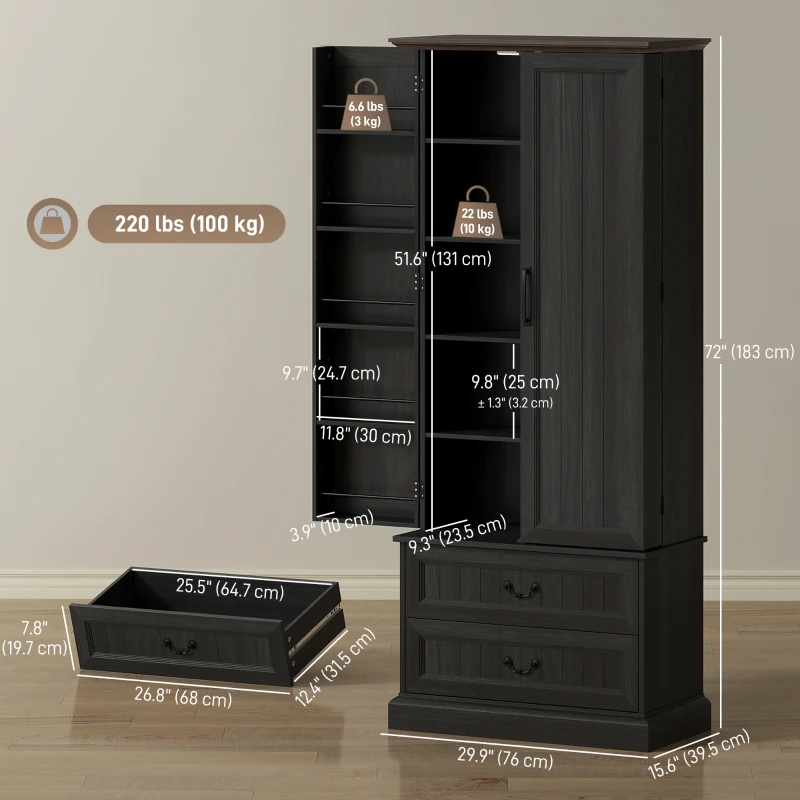 HOMCOM 72" LED Kitchen Pantry Cabinet, Buffet Storage Cabinet with 10 Door Shelves, 2 Drawers and Adjustable Shelves, Black