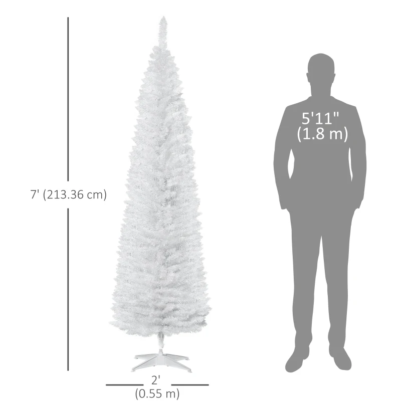 HOMCOM 7' Pencil Christmas Tree, Slim Artificial Xmas Tree with Realistic Branches, Sturdy Metal Stand, White