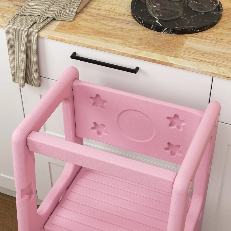 Qaba Toddler Kitchen Helper 2 Step Stool with Adjustable Height Platform and Safety Rail, Pink