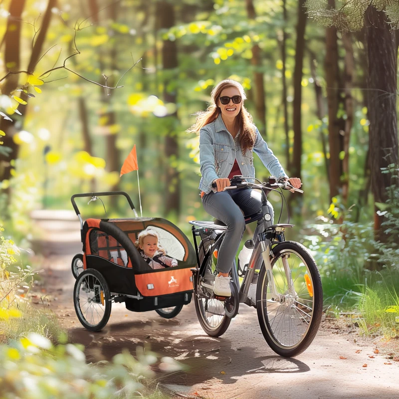 Aosom 2-in-1 Bike Trailer for Kids, Foldable 2-Seat Baby Stroller with 5-Point Harness, Rubber Wheels, Storage Bag, Orange
