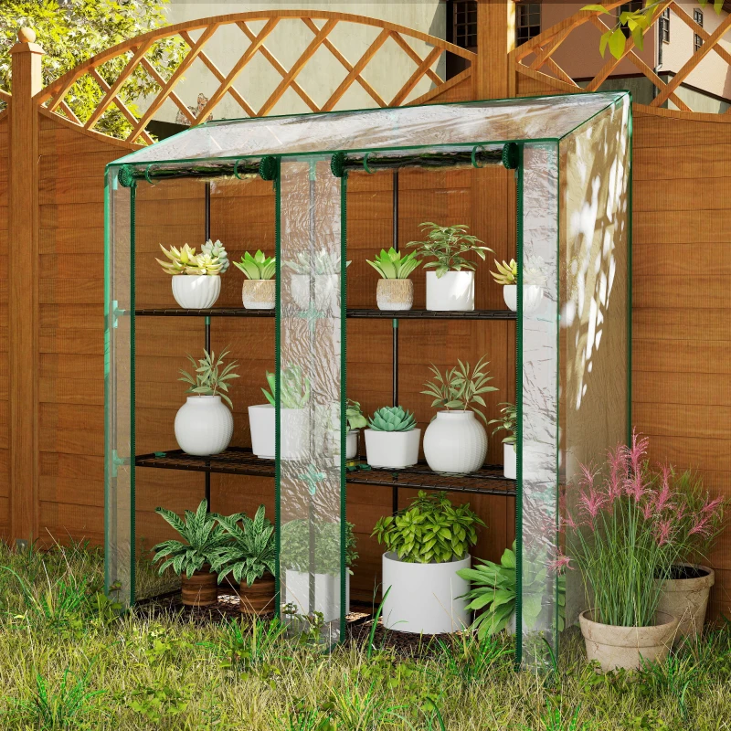 Outsunny Lean-to Greenhouse, Portable Greenhouse with 3 Tier Shelves, 2 Roll-Up Zippered Doors, 56.3" x 18.1" x 59.4", Clear