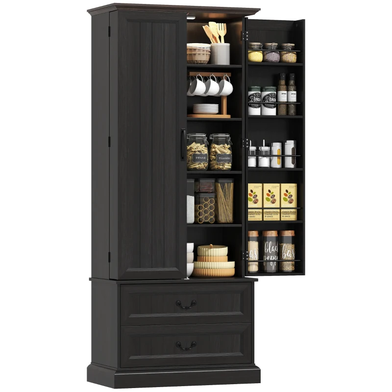HOMCOM 72" LED Kitchen Pantry Cabinet, Buffet Storage Cabinet with 10 Door Shelves, 2 Drawers and Adjustable Shelves, Black
