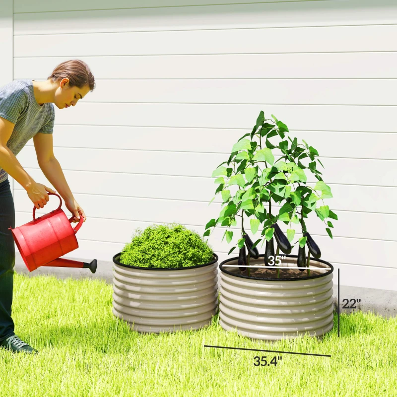 Outsunny Set of 2 Raised Garden Bed, Metal Planter Box with Safety Edging, Easy-to-assemble Stock Tank, Cream White