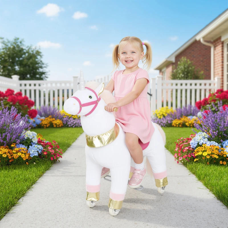 Qaba Ride on Unicorn Toy for Kids 3-5 Years, 29.5 Inch Plush Baby Rocking Horse with Wheels, No Battery Required, White