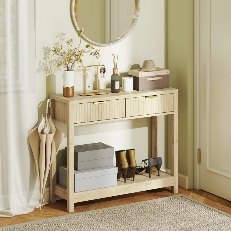 HOMCOM 35" Console Table with Storage, Narrow Entryway Table with Fluted Panel Drawers and Shelf for Hallway, Natural