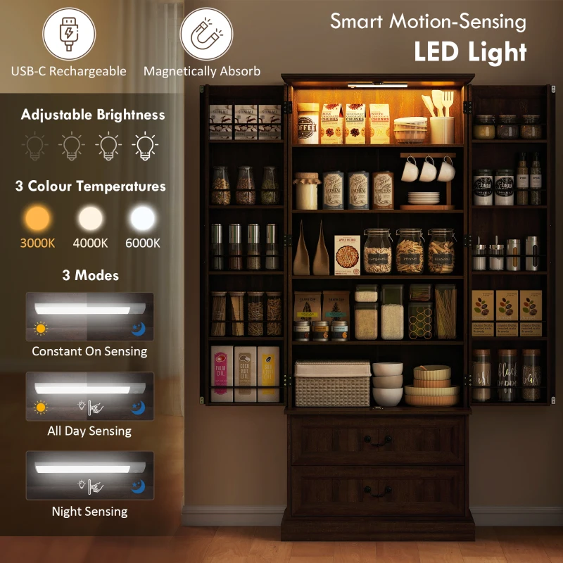 HOMCOM 72" LED Kitchen Pantry Cabinet, Buffet Storage Cabinet with 10 Door Shelves, 2 Drawers and Adjustable Shelves, Brown