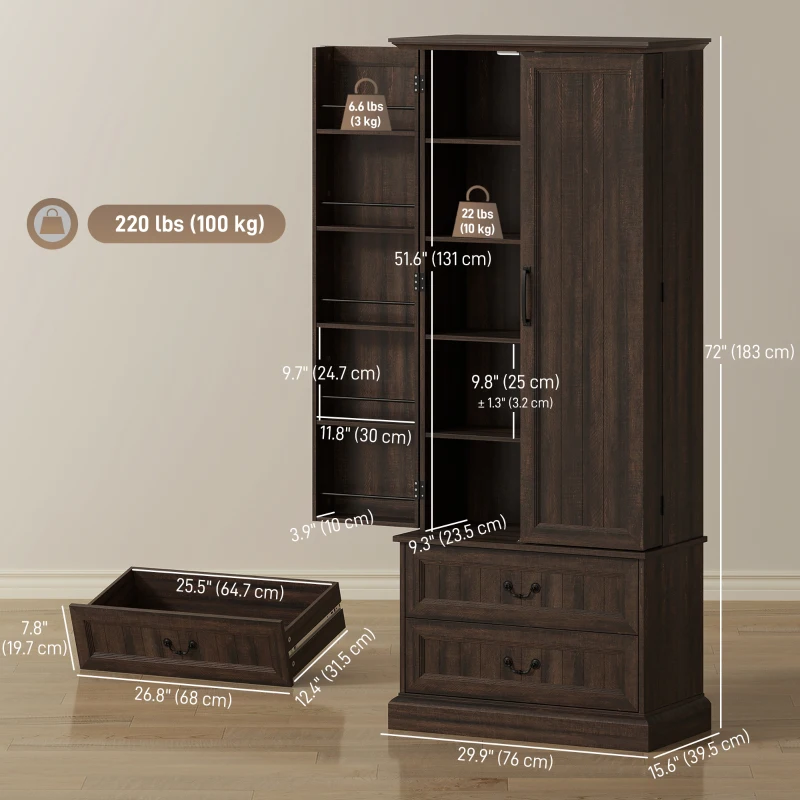 HOMCOM 72" LED Kitchen Pantry Cabinet, Buffet Storage Cabinet with 10 Door Shelves, 2 Drawers and Adjustable Shelves, Brown