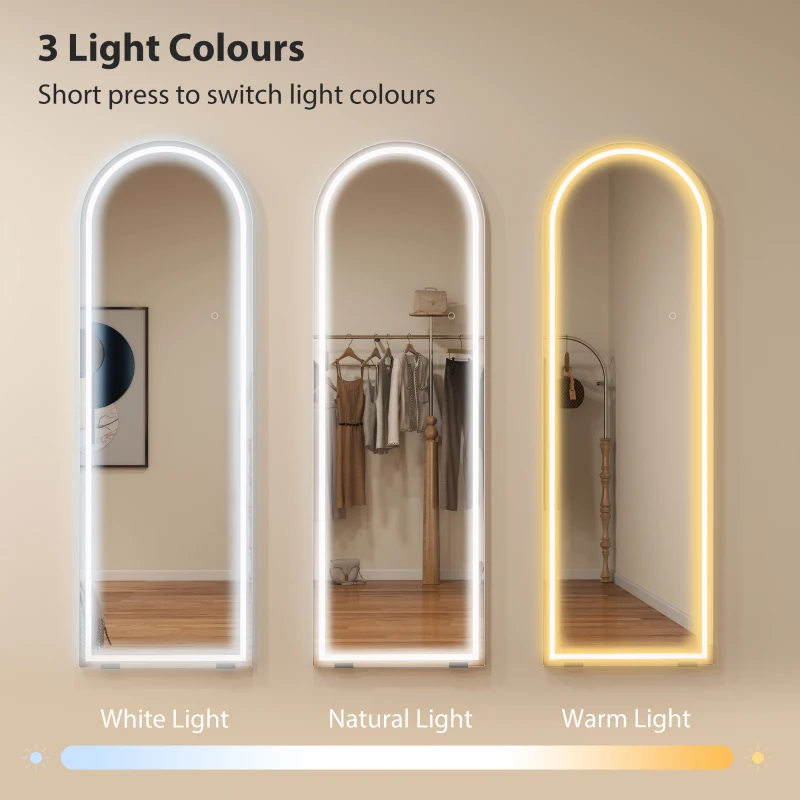 HOMCOM Free Standing Mirror with Dimmable and 3 Colour LED Lights 64" x 21" Arched Floor Mirror for Bedroom Living Room Silver