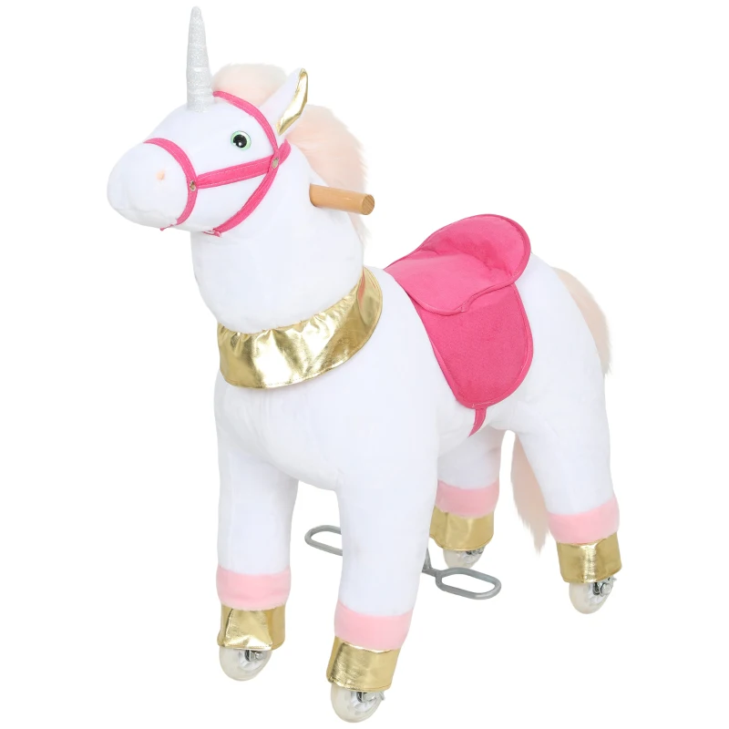Qaba Ride on Unicorn Toy for Kids 3-5 Years, 29.5 Inch Plush Baby Rocking Horse with Wheels, No Battery Required, White