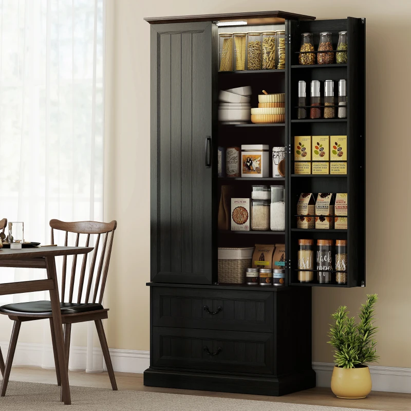 HOMCOM 72" LED Kitchen Pantry Cabinet, Buffet Storage Cabinet with 10 Door Shelves, 2 Drawers and Adjustable Shelves, Black