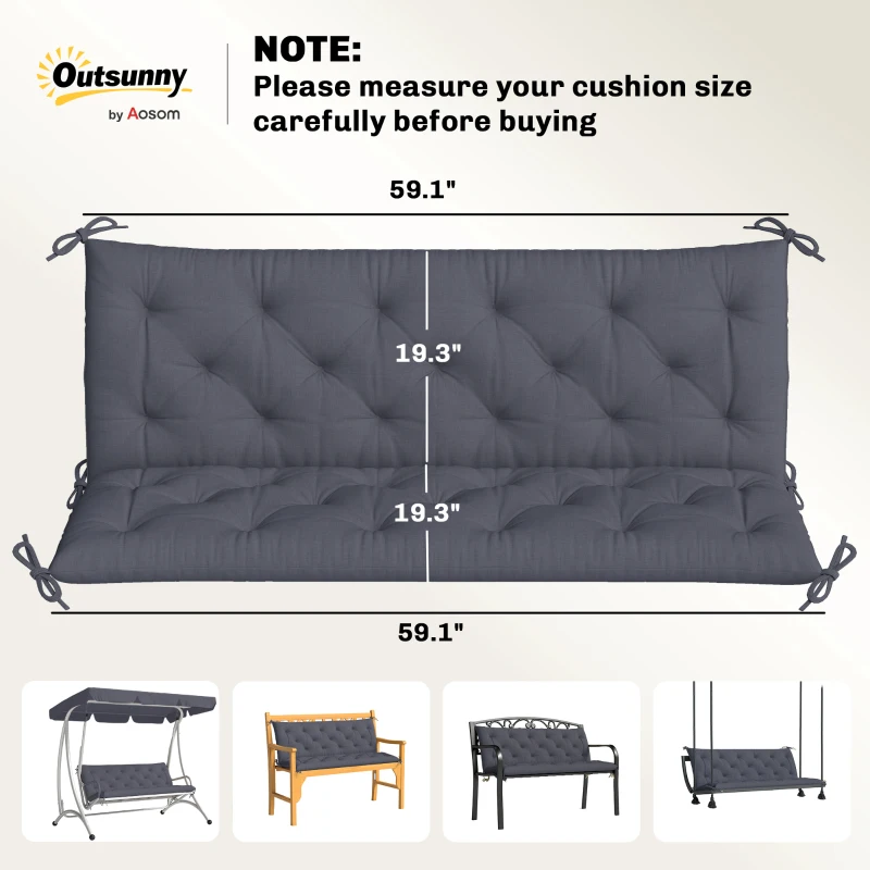 Outsunny 59" x 38" Tufted Bench Cushion for Outdoor Furniture, 3-Seater Replacement for Swing Chair, Patio Sofa/Couch, Dark Gray