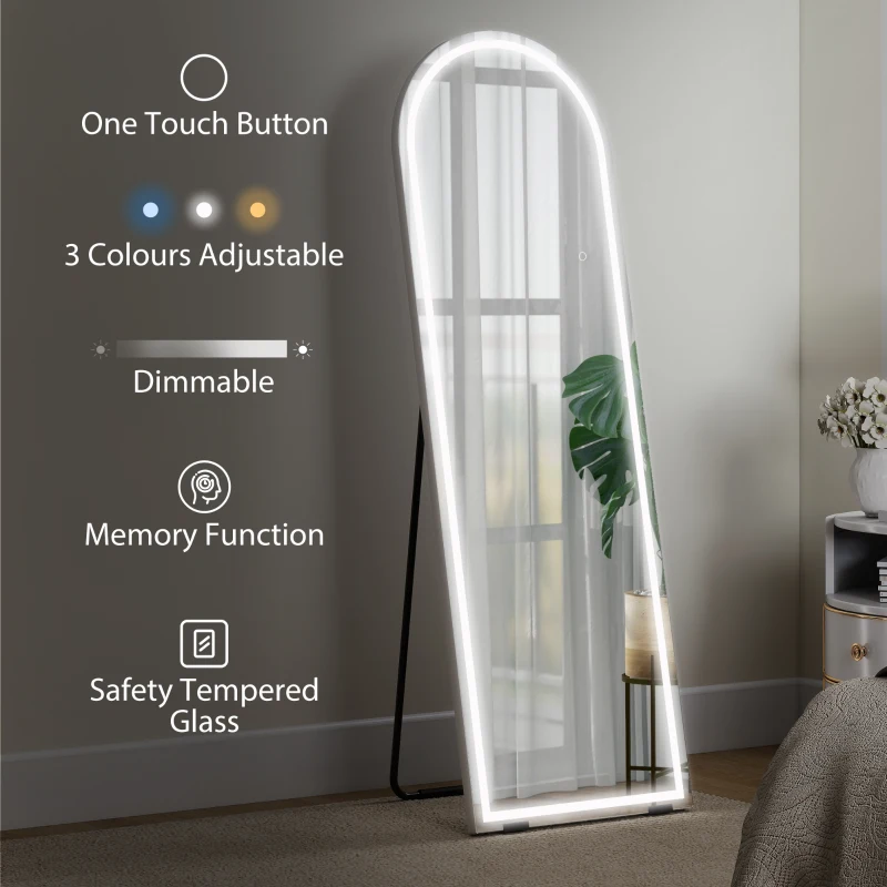 HOMCOM Free Standing Mirror with Dimmable and 3 Colour LED Lights 64" x 21" Arched Floor Mirror for Bedroom Living Room Silver