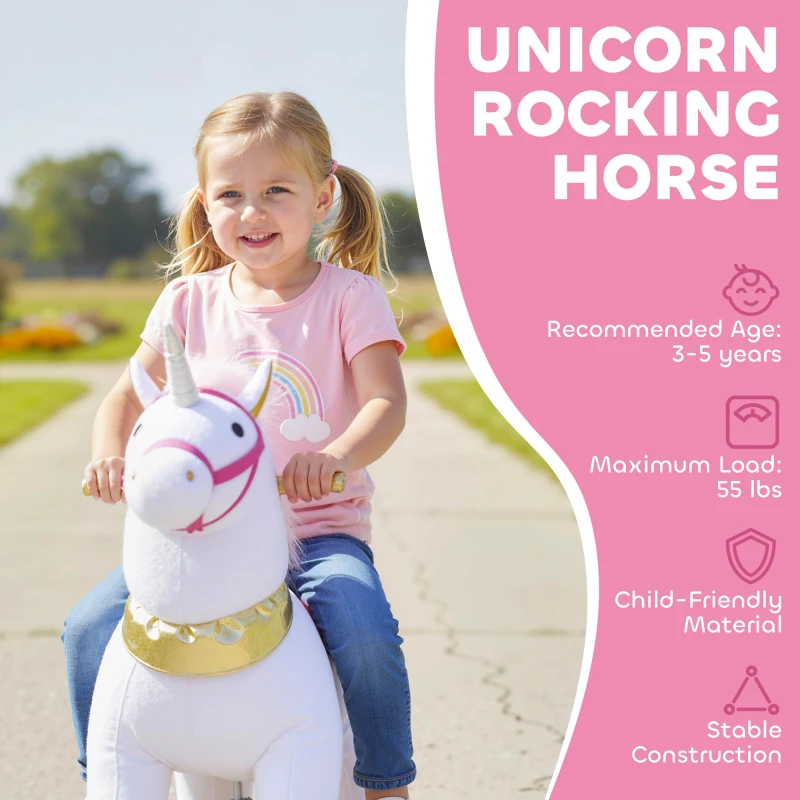 Qaba Ride on Unicorn Toy for Kids 3-5 Years, 29.5 Inch Plush Baby Rocking Horse with Wheels, No Battery Required, White