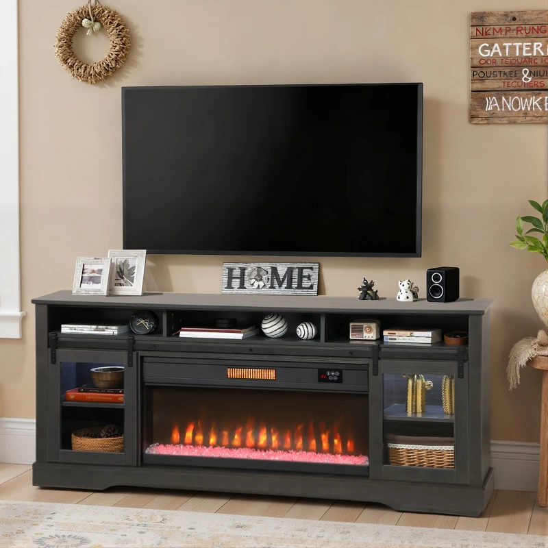 HOMCOM Fireplace TV Stand for TVs Up to 80 Inch, TV Console with Electric Fireplace, Open Storage and Side Cabinets, Gray