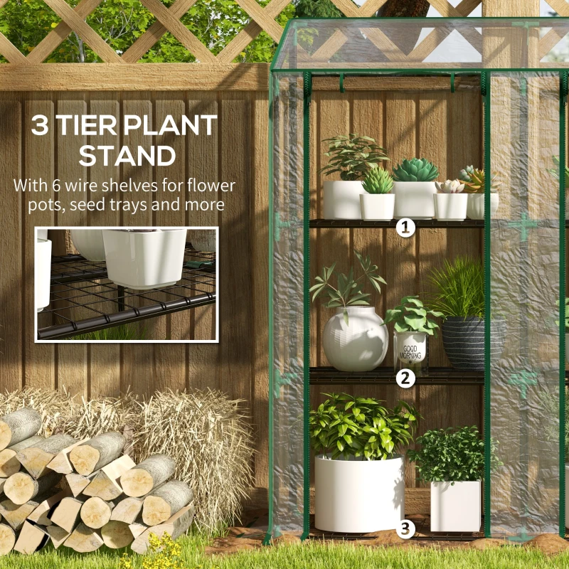 Outsunny Lean-to Greenhouse, Portable Greenhouse with 3 Tier Shelves, 2 Roll-Up Zippered Doors, 56.3" x 18.1" x 59.4", Clear