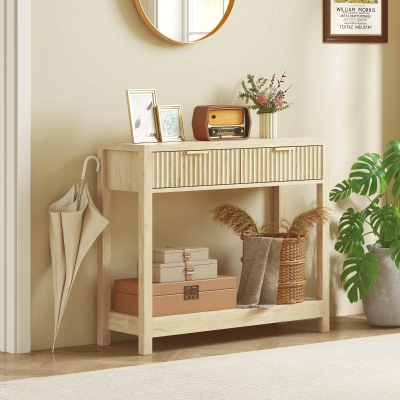HOMCOM 35" Console Table with Storage, Narrow Entryway Table with Fluted Panel Drawers and Shelf for Hallway, Natural