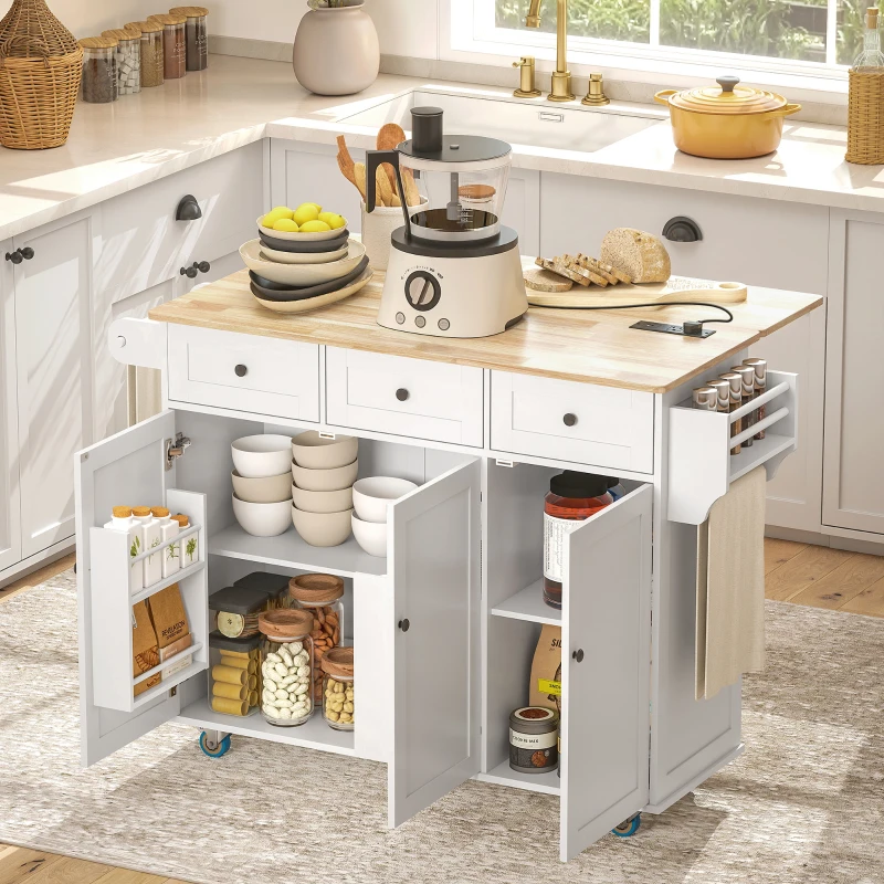 HOMCOM Kitchen Island on Wheels with Drop Leaf, Charging Station, Rolling Kitchen Cart with Wood Top, Adjustable Shelf, White