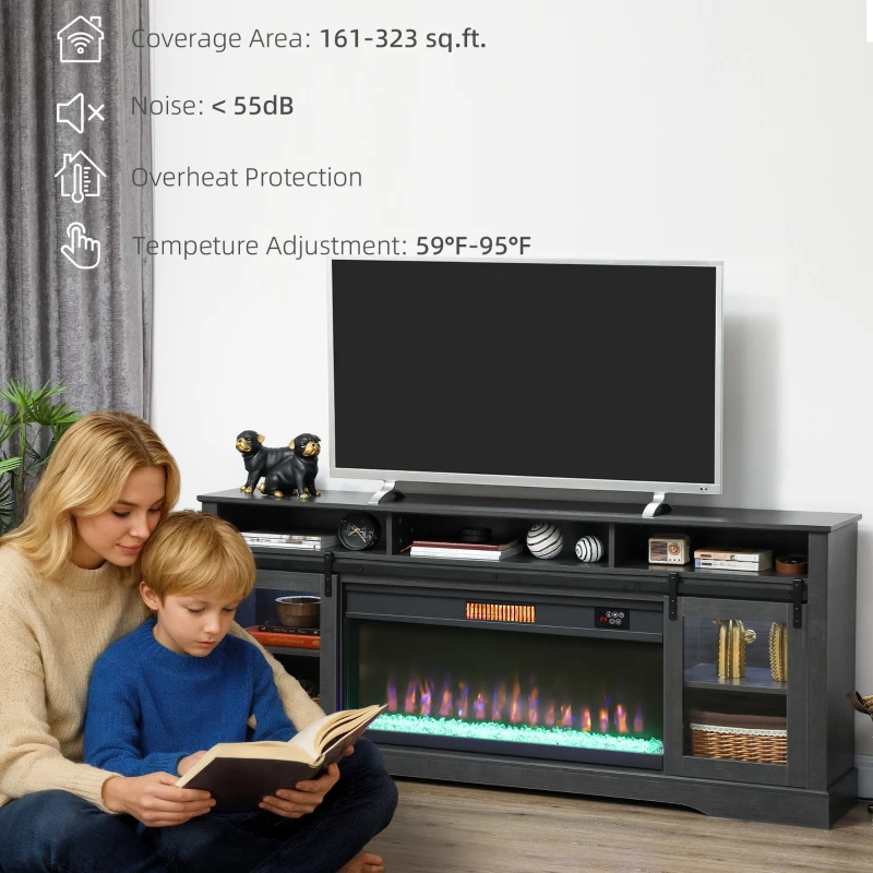 HOMCOM Fireplace TV Stand for TVs Up to 80 Inch, TV Console with Electric Fireplace, Open Storage and Side Cabinets, Gray