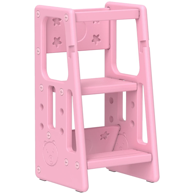 Qaba Toddler Kitchen Helper 2 Step Stool with Adjustable Height Platform and Safety Rail, Pink