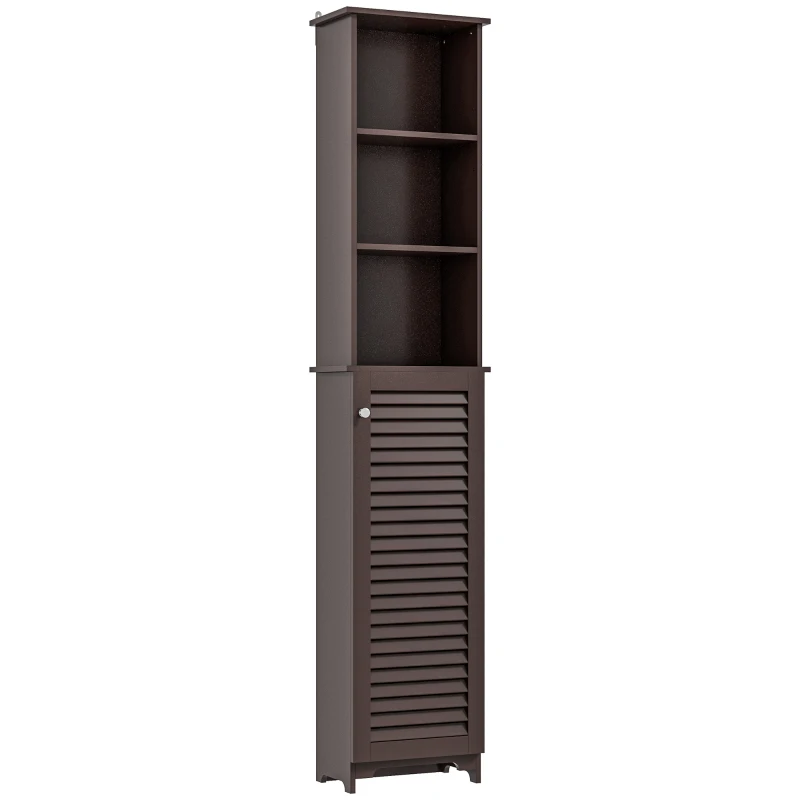 HOMCOM Tall Bathroom Storage Cabinet, Freestanding Linen Tower with 3-Tier Open Adjustable Shelf, Dark Brown