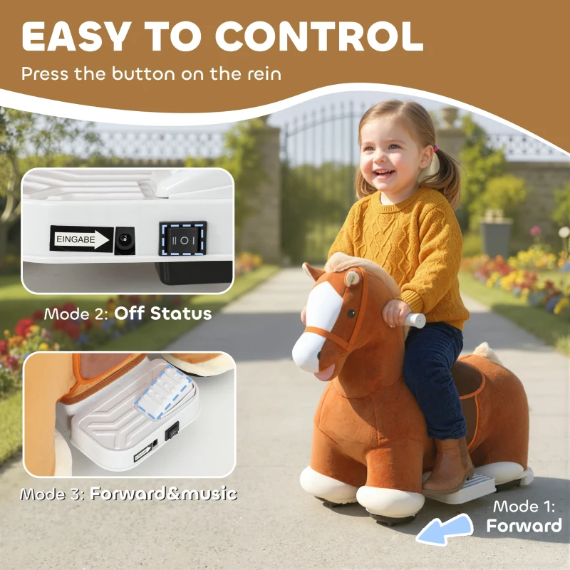 Qaba Electric Ride on Horse, Battery Powered Ride on Toy with Washable Cover and Quiet Wheels, Brown