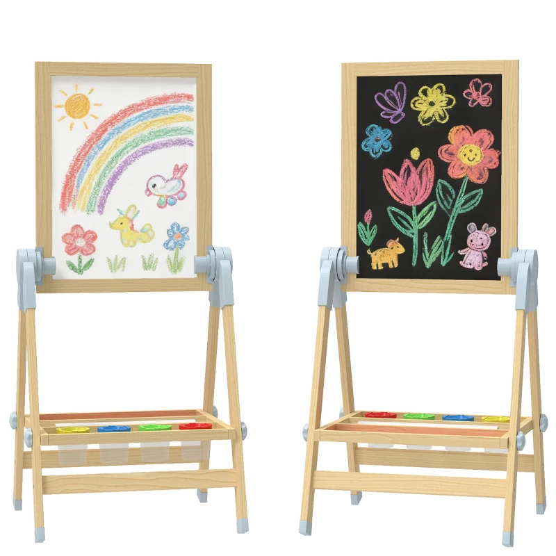 Qaba Wooden Art Easel, Double Sided Kids Easel with Height Adjustable Chalkboard and Magnetic Whiteboard, Natural