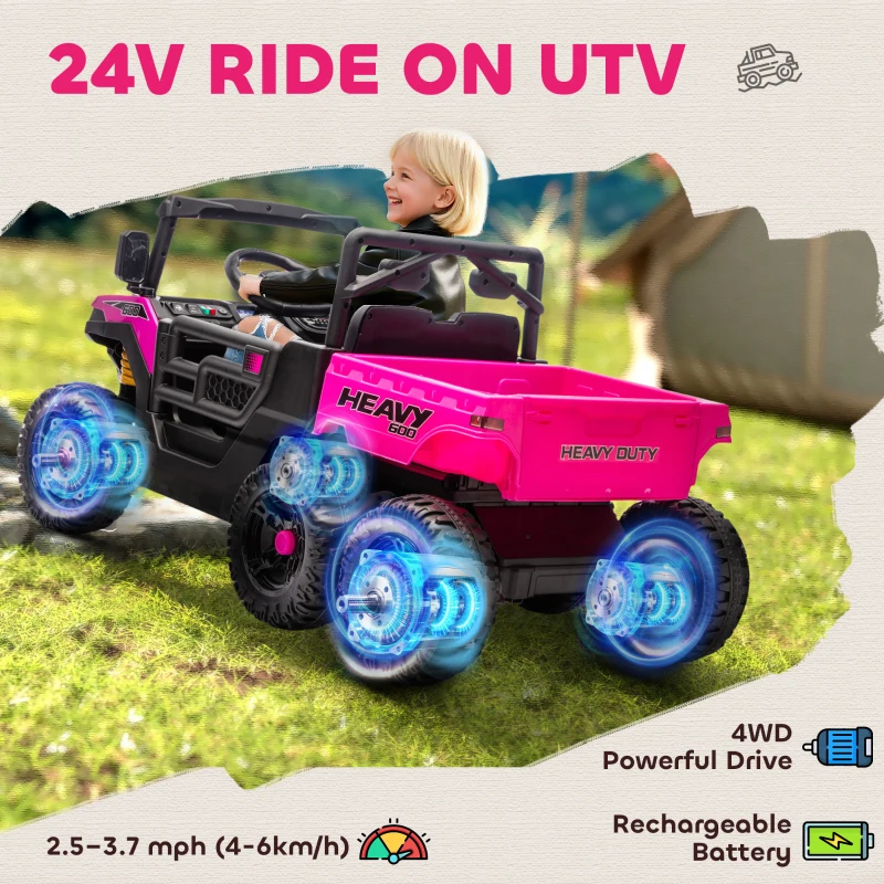 Qaba 24V 4WD Kids Ride On Truck with 6 Wheels, 2 Seater Electric Ride On Car with Remote, Dump Bed for 3-8 Years, Pink