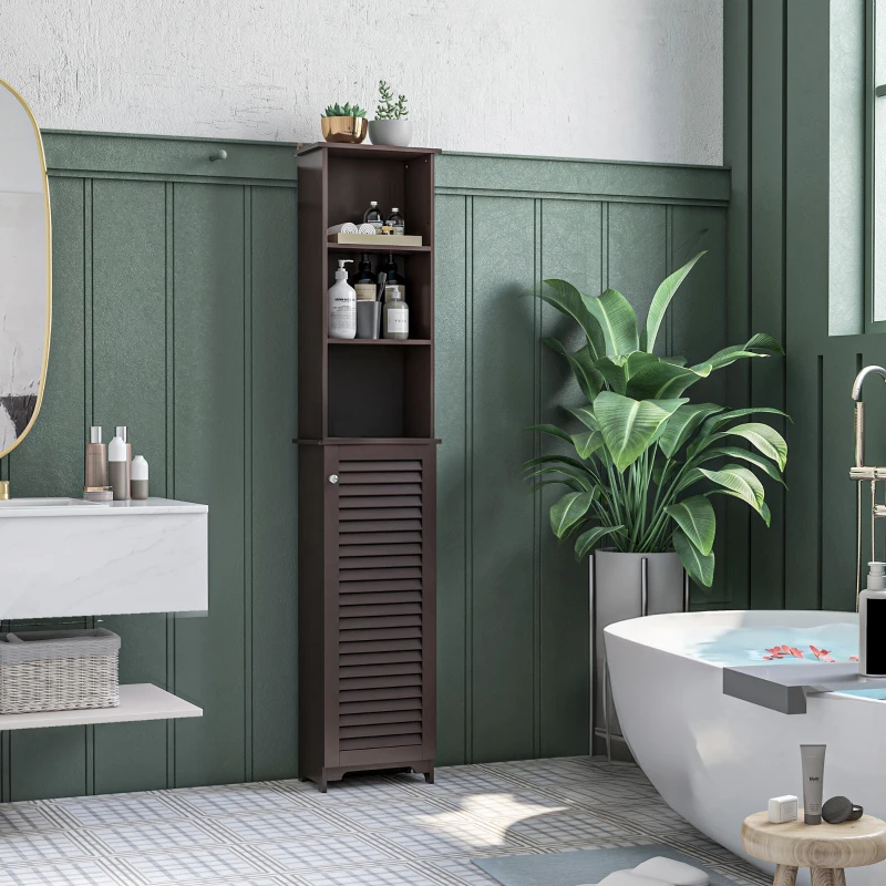 HOMCOM Tall Bathroom Storage Cabinet, Freestanding Linen Tower with 3-Tier Open Adjustable Shelf, Dark Brown