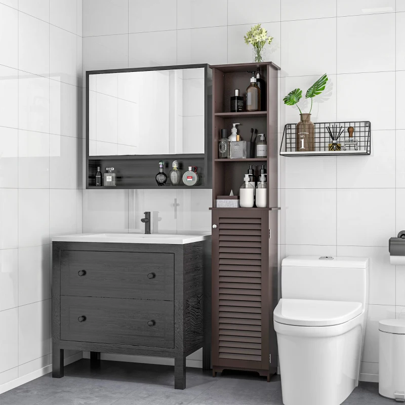 HOMCOM Tall Bathroom Storage Cabinet, Freestanding Linen Tower with 3-Tier Open Adjustable Shelf, Dark Brown
