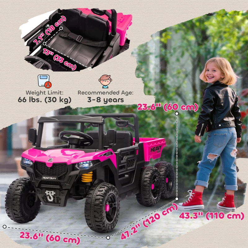 Qaba 24V 4WD Kids Ride On Truck with 6 Wheels, 2 Seater Electric Ride On Car with Remote, Dump Bed for 3-8 Years, Pink