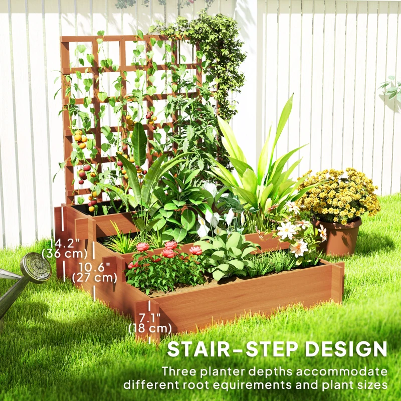 Outsunny Wooden Elevated Planter Box with Trellis for Climbing Plants, 3 Tier Raised Garden Bed for Garden, Outdoor, Brown