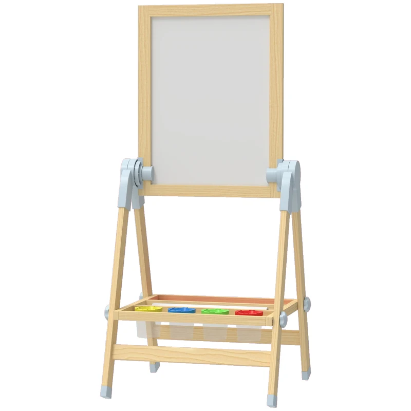 Qaba Wooden Art Easel, Double Sided Kids Easel with Height Adjustable Chalkboard and Magnetic Whiteboard, Natural