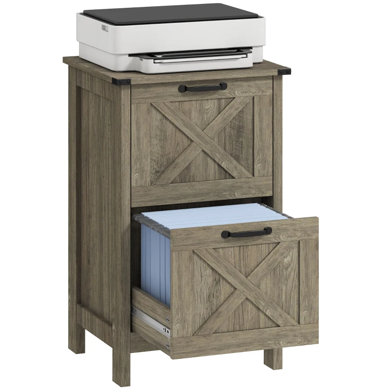 HOMCOM Vertical Filing Cabinet with 2 Drawers, Rustic Farmhouse Office Storage Cabinet for A4, Letter Size, Grey Wash
