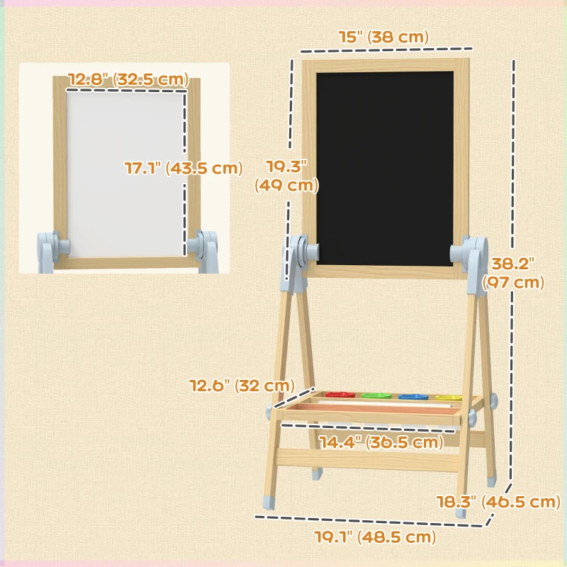 Qaba Wooden Art Easel, Double Sided Kids Easel with Height Adjustable Chalkboard and Magnetic Whiteboard, Natural