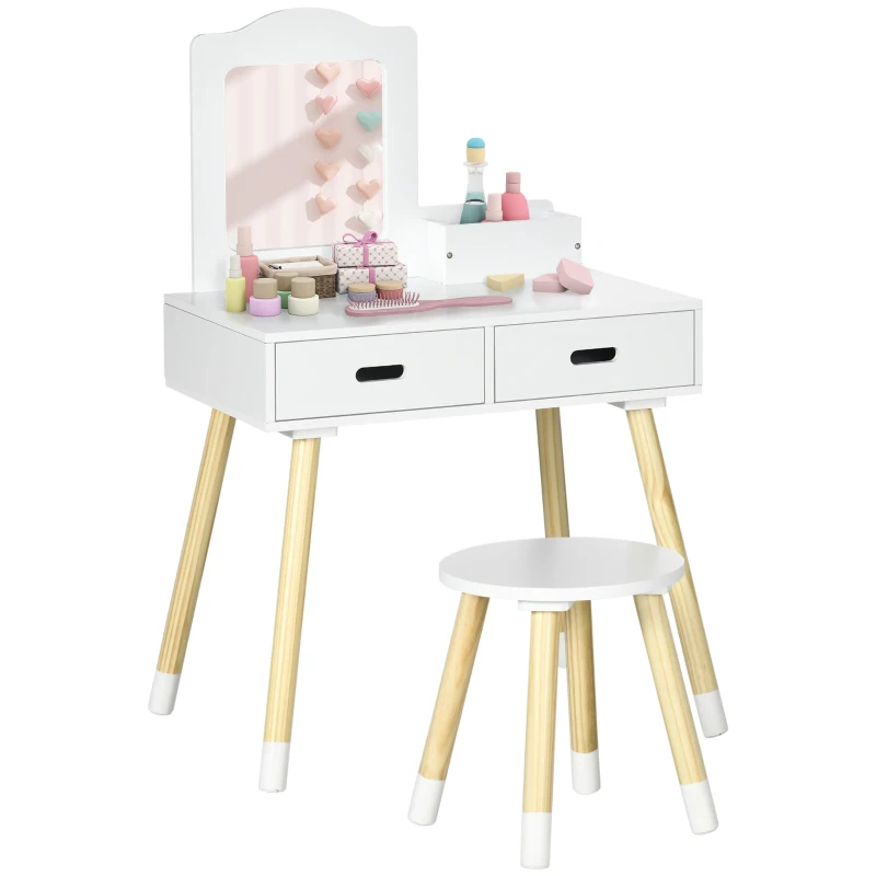 Qaba Kids Vanity Set with Mirror and Stool, Makeup Dressing Table with Drawers for Children Aged 3-6 Years, White