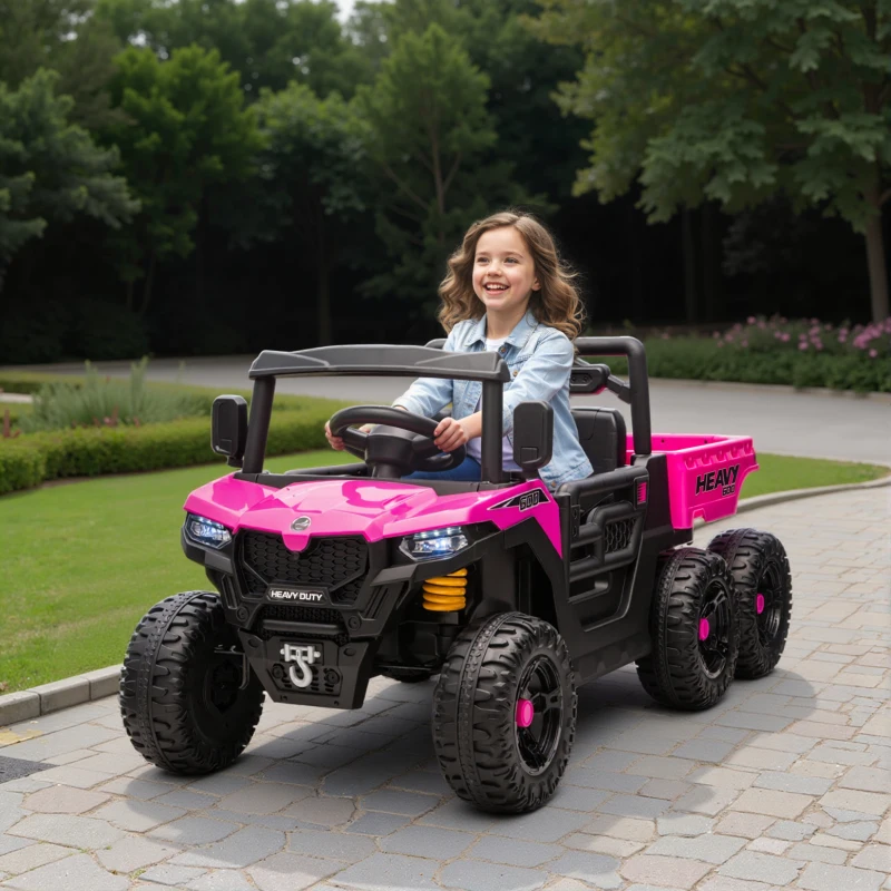 Qaba 24V 4WD Kids Ride On Truck with 6 Wheels, 2 Seater Electric Ride On Car with Remote, Dump Bed for 3-8 Years, Pink