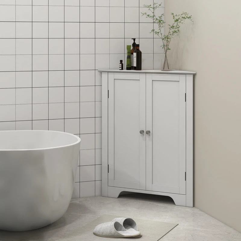 kleankin Modern Bathroom Storage Cabinet, Corner Cabinet with Doors, Bathroom Cabinet with Adjustable Shelf and Recessed Door, White