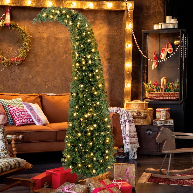 HOMCOM 7 ft Prelit Christmas Tree, Whimsical Xmas Tree Slim High Mountain Fir with 300 LEDs and Metal Stand, Green