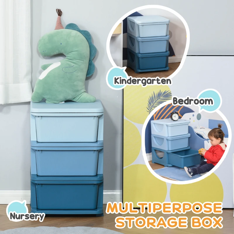Qaba 3 Tier Kids Toy Organizer and Storage Bins with 3 Plastic Drawers, Blue