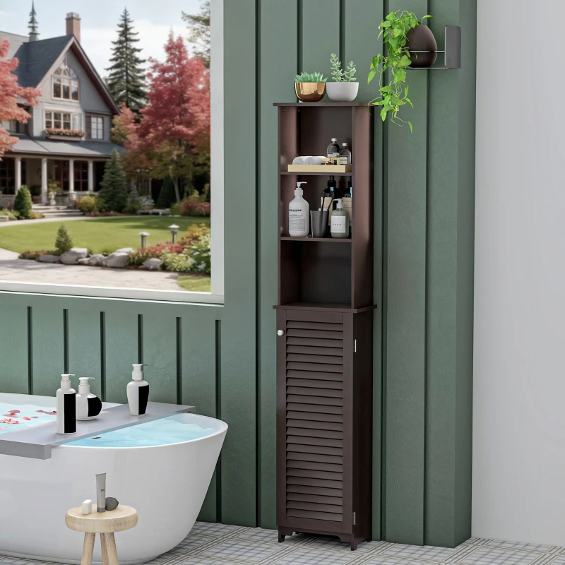 HOMCOM Tall Bathroom Storage Cabinet, Freestanding Linen Tower with 3-Tier Open Adjustable Shelf, Dark Brown