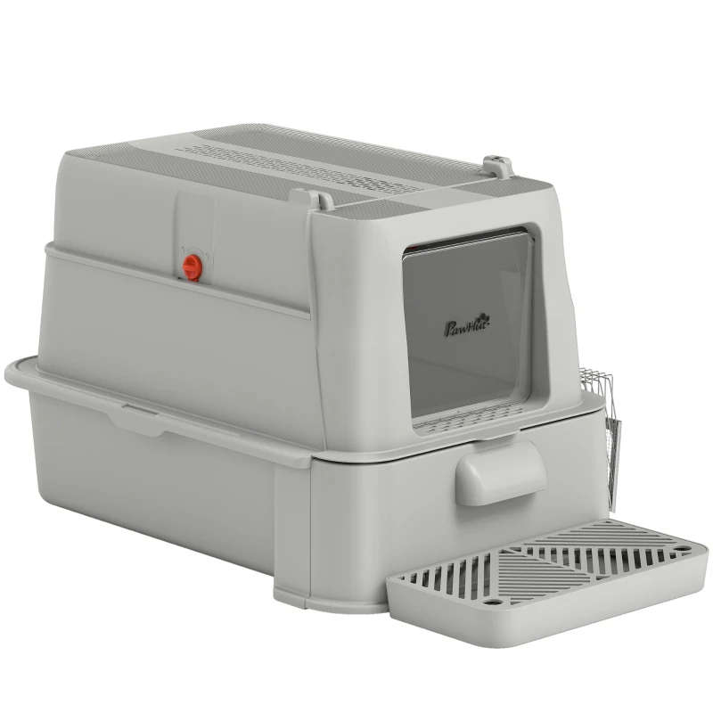 PawHut 80L XL Stainless Steel Cat Litter Box for Big Cats with Flip Cover, Pull-Out Drawer Tray, High Sided, Pedal, Light Grey
