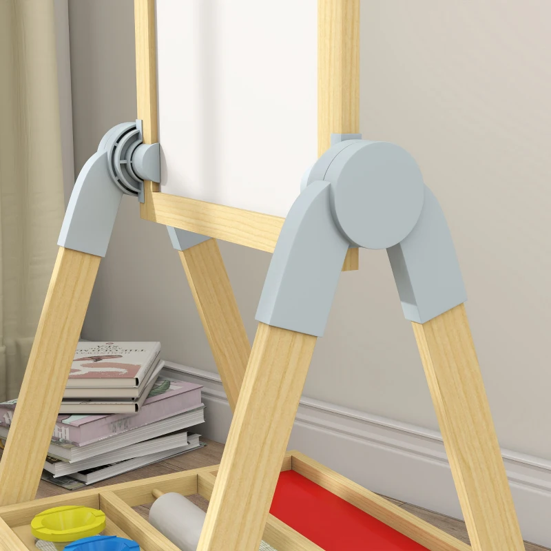 Qaba Wooden Art Easel, Double Sided Kids Easel with Height Adjustable Chalkboard and Magnetic Whiteboard, Natural